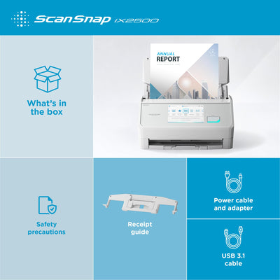 ScanSnap iX2500 Weiß – Ultraschneller Duplex-Scanner mit 45 S./Min., 100-Blatt-ADF, 600 DPI, 5″ Touchscreen, WLAN/Bluetooth/USB-Konnektivität