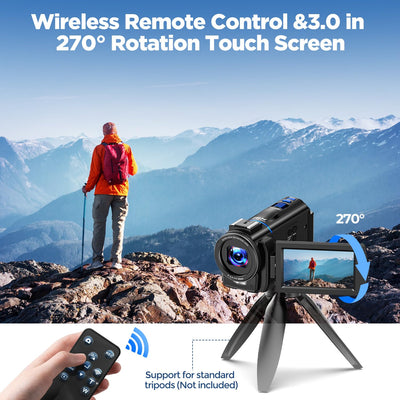 Videokamera 4K, 48MP Camcorder Vlogging Camera für YouTube, 16X Digitalzoom Nachtsicht Vlog Kamera, 3" 270° drehbarer Touchscreen Webcam Video Camera 4K mit 32GB SD-Karte, Fülllicht, Fernbedienung