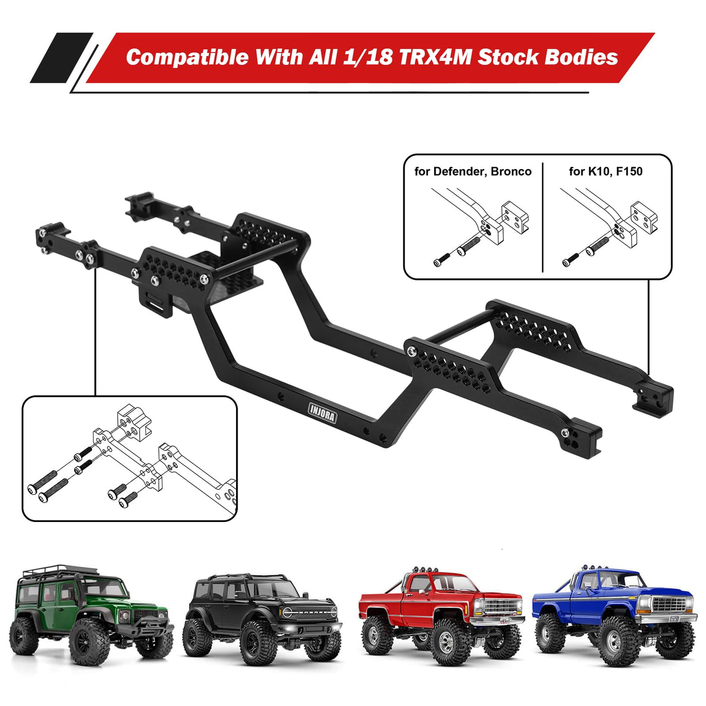 INJORA Aluminium Universal LCG Chassis-Rahmen Kit für 1/18 TRX4M Standard-Karosserien Defender Bronco High Trail K10 F150 Lay Down Servos