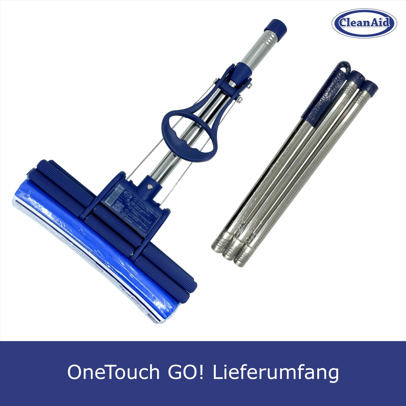 CleanAid OneTouch GO! Wischmopp, Bodenwischer, Wringmopp, Wischer mit Auswringfunktion - besonders saugstark - mit PVA Schwamm und Segmentstiel aus Edelstahl