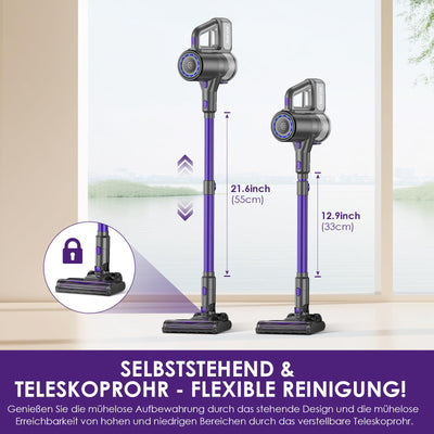 Suirviz Akku Staubsauger Kabellos, 500W/40000Pa/40 Min Akkustaubsauger mit Selbststehende, Leichter Stabstaubsauger mit grünem Licht, Ideal für Hartböden, Teppiche, Tierhaare