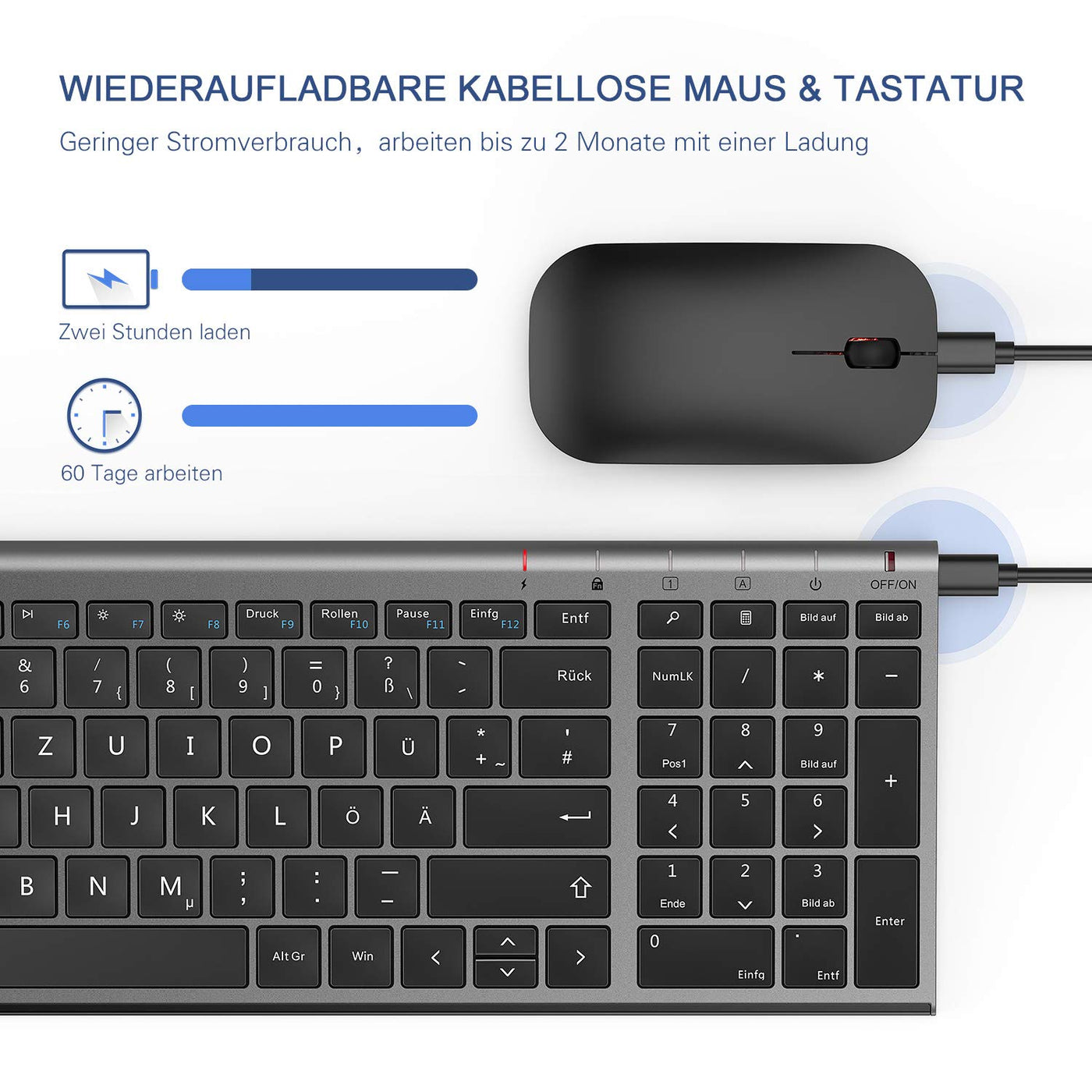 seenda Tastatur Maus Set Kabellos, Wiederaufladbare Kleine Funktastatur mit Maus, Leise Tastatur mit Aluminiumgehäuse für PC/Laptop/Smart TV, QWERTZ Layout, Grau