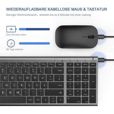 seenda Tastatur Maus Set Kabellos, Wiederaufladbare Kleine Funktastatur mit Maus, Leise Tastatur mit Aluminiumgehäuse für PC/Laptop/Smart TV, QWERTZ Layout, Grau