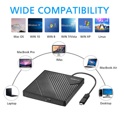 Amicool Externes DVD Laufwerk Extern USB 3.0 USB C CD Laufwerk für Laptop Desktop PC MacBook Externer DVD Brenner Windows 7/8.1/10/11 Linux Mac OS CD/DVD Player Tragbar +/-RW ROM Optisches Drive