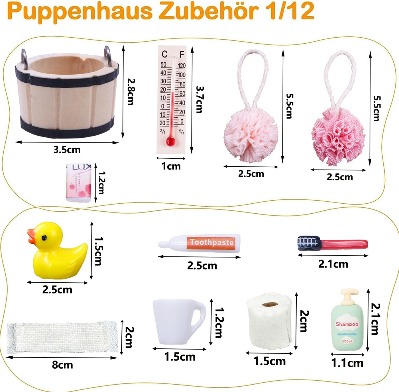 Miniatur Wichtelzubehör Bade Set, Wichtel Zubehör, Wichtel Wasch Set Badeutensilien mit Mini Zahnpasta Zahnbürste Badeschwamm Ente Klopapier Rollen für Wichteltür Weihnachten und Puppenhaus Deko