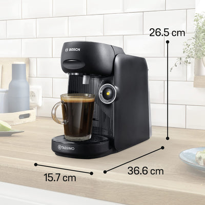 Bosch Tassimo Finesse Kapselmaschine TAS16B7 Kaffeemaschine by, 70 Getränke, intensiverer Kaffee auf Kopfdruck, Abschaltautomatik, perfekt dosiert, platzsparend, 1400 W, schwarz