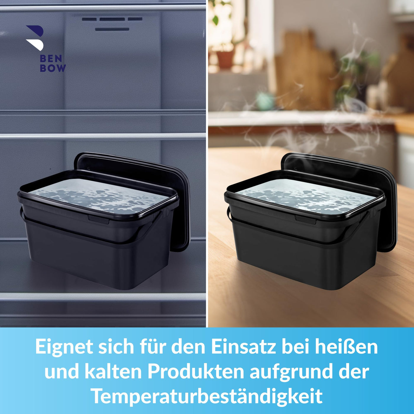 BenBow Rechteckiger Eimer mit Deckel 5X 5l schwarz - lebensmittelecht, stapelbare Kunststoffbox mit Henkel - luftdicht, auslaufsicher, geruchsneutral, ideal für Haushalt und Gewerbe - leer