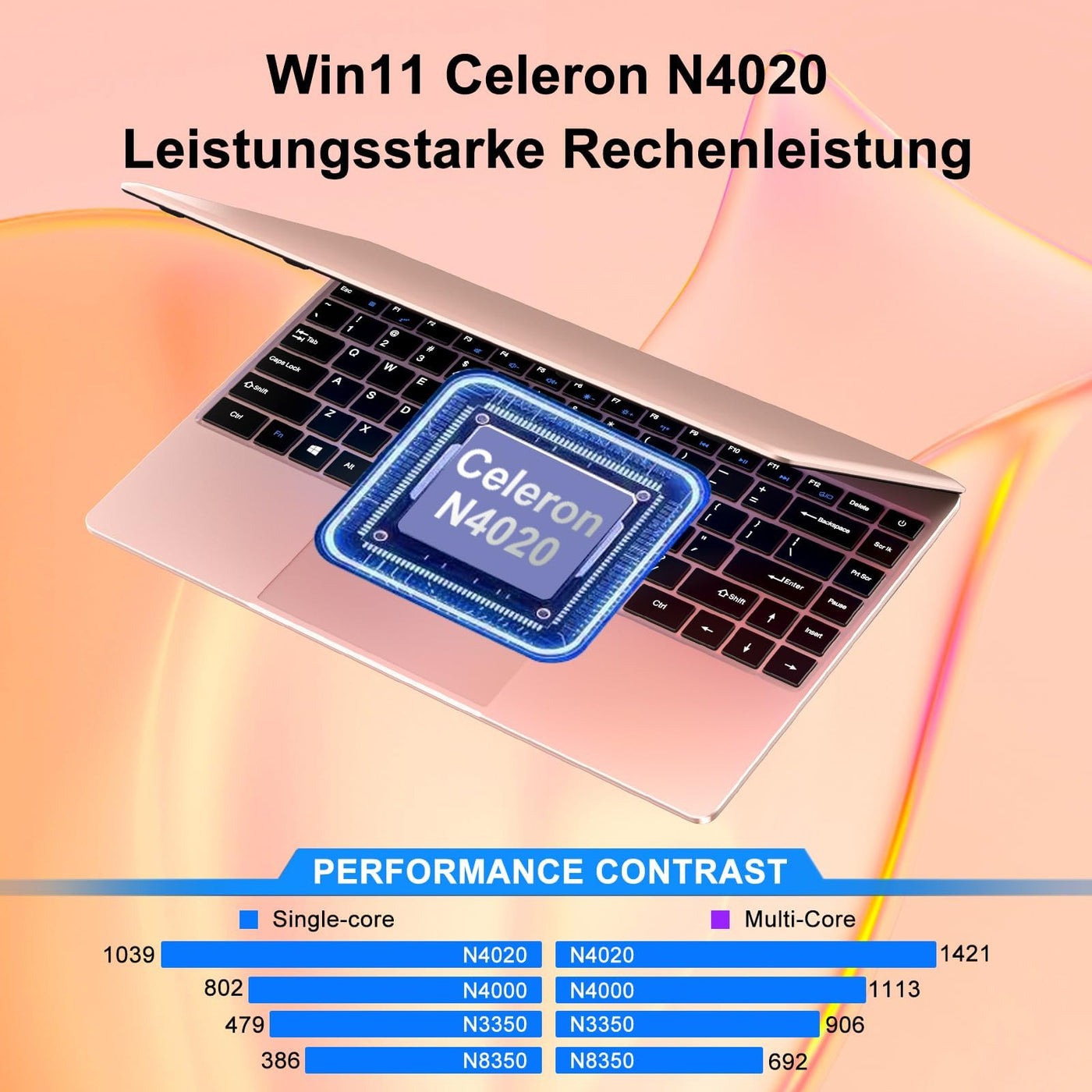 NOTODD 2025 Laptop 14 Zoll Win11 Celeron N4020 256GB SSD Unterstützung 1TB (TF 512GB) Full Metal Notebook 1080P 5G WiFi Mini HDMI & Kabellose Maus Tastaturfolie für Tastatur-Gold