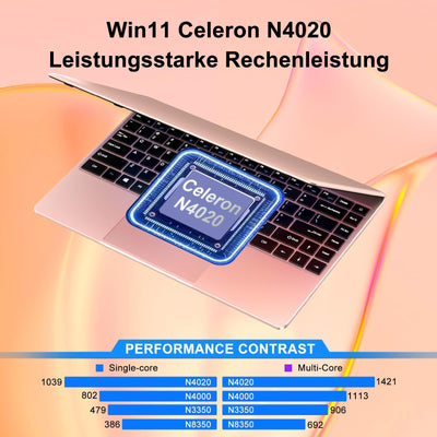 NOTODD 2025 Laptop 14 Zoll Win11 Celeron N4020 256GB SSD Unterstützung 1TB (TF 512GB) Full Metal Notebook 1080P 5G WiFi Mini HDMI & Kabellose Maus Tastaturfolie für Tastatur-Gold