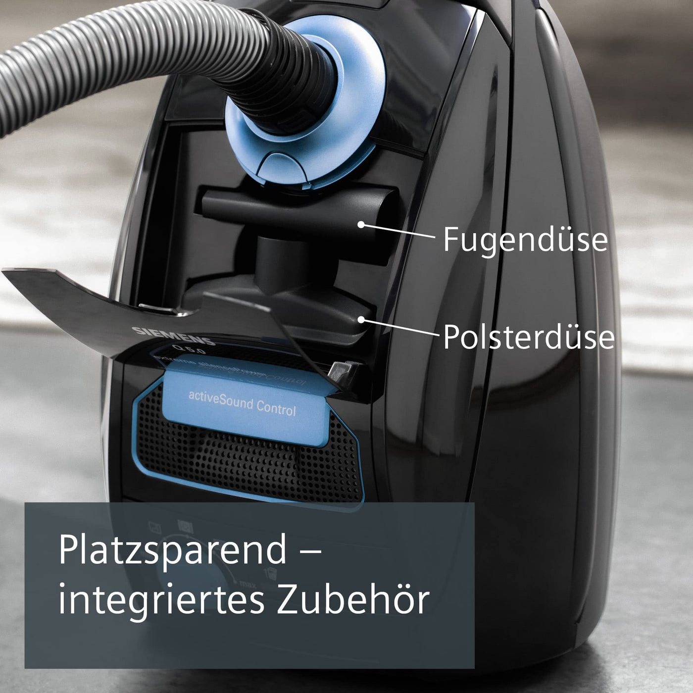 Siemens Staubsauger mit Beutel Q5.0 extreme silencePower VSQ5X1230, Bodenstaubsauger, ideal für Allergiker, Hygiene-Filter, starke Saugleistung, Bodendüse für Parkett, Teppich, Fliesen, 850 W, schwarz