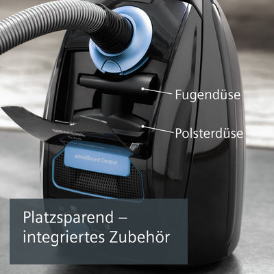 Siemens Staubsauger mit Beutel Q5.0 extreme silencePower VSQ5X1230, Bodenstaubsauger, ideal für Allergiker, Hygiene-Filter, starke Saugleistung, Bodendüse für Parkett, Teppich, Fliesen, 850 W, schwarz