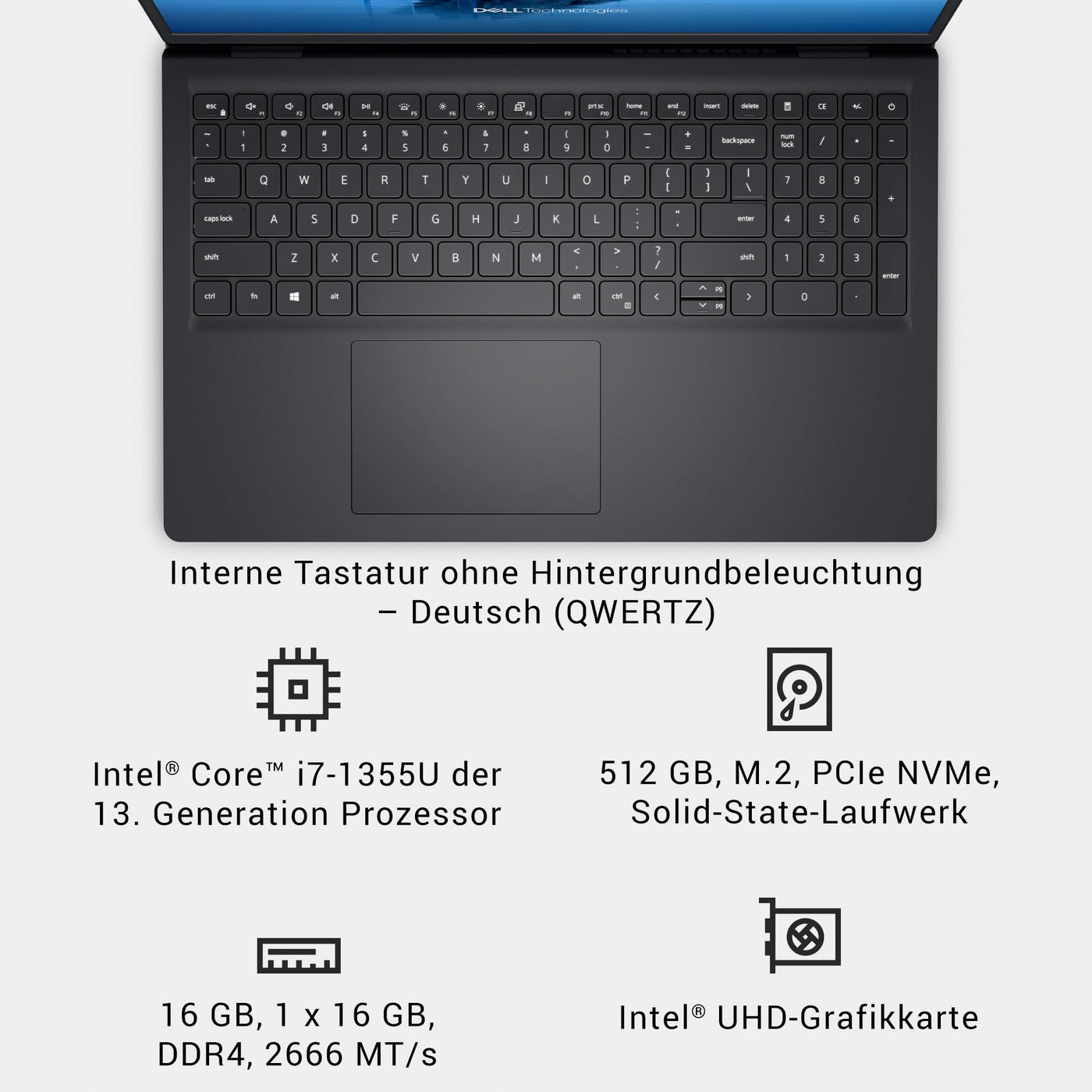 Dell 15 Laptop DC15250 15.6" FHD (1920 x 1080) 120Hz, Intel Core i7-1355U, Intel UHD Graphics, 16GB DDR4 RAM, 512GB SSD, Windows 11 Home, QWERTZ Backlit Keyboard - Black