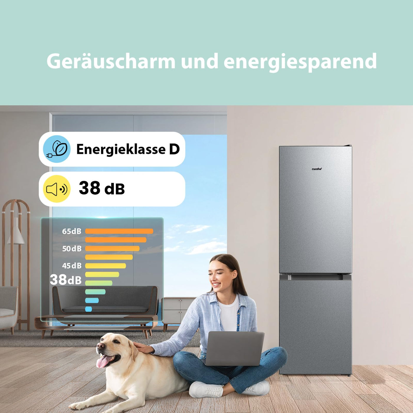 Comfee RCB169DS3 Kühlschrank mit Gefrierfach 150cm Höhe/Kühl-/Gefrierkombination Freistehend/Low Frost/174L/leise Kühlgefrierkombi 38dB/Einstellbare Kühlschranktemperatur/LED-Licht/156 kWh/Jahr/Silber