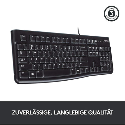 Logitech K120 Kabelgebundene Business Tastatur für Windows und Linux, USB-Anschluss, Leises Tippen, Robust, Spritzwassergeschützt, Tastaturaufsteller, Deutsches QWERTZ-Layout - Schwarz