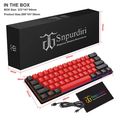 Snpurdiri 60% kabelgebundene mechanische Gaming-Tastatur, 61 Anti-Ghosting-Tasten, RGB-Hintergrundbeleuchtung, ultrakompakte Zwei Ständer (Blauer Schalter/Schwarz Rot)