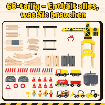 Lehoo Castle Holzeisenbahn, 68 Pcs Eisenbahn Holz mit Kran Spielzeug, Eisenbahn Kinder Elektrisch, Holz Eisenbahn Kinder mit Bagger