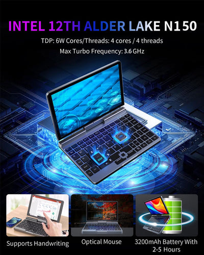 8-Zoll 2-in-1 Mini-Laptop mit QWERTZ-Tastatur, drehbarem HD-Touchscreen & Stiftunterstützung, Windows 11 Pro, N150, 12GB RAM, 1TB SSD, Wi-Fi 6, BT 5.2, HDMI, Typ-C, 2MP Kamera