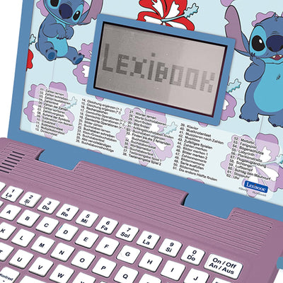 Lexibook, Disney Stitch, zweisprachiger deutsch/englischer Lerncomputer, Spielzeug für Kinder mit 124 Sprach-, Schreib-, Mathe-, Logik-, Musikaktivitäten und Spielen, lila/blau, JC598Di3