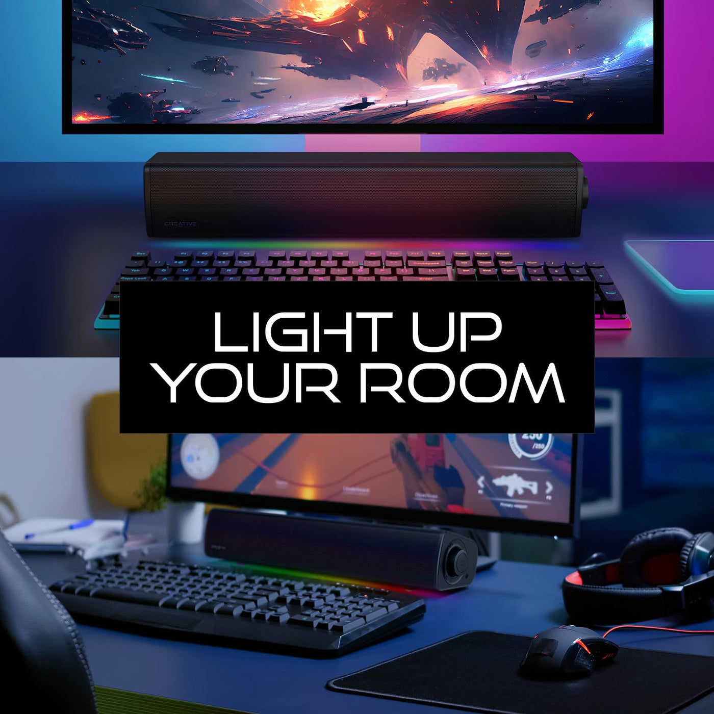 Sound Blaster GS3 Kompakte Gaming-Soundbar mit RGB- und SuperWide-Technologie, Stromversorgung über USB, Bluetooth 5.4, Kopfhörerausgang, für PC und Mac