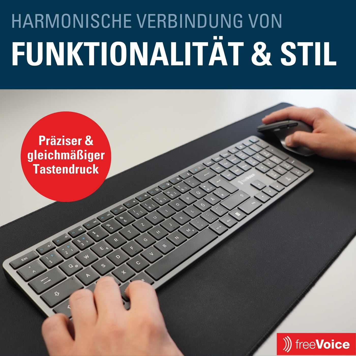 freeVoice Tastatur Set inkl. Maus I Kabellose & wiederaufladbare Tastatur für Laptop & Computer I Leise Computer-Tastatur mit Easy-Switch Taste I Flaches Keyboard für Büro, Zuhause & Home-Office