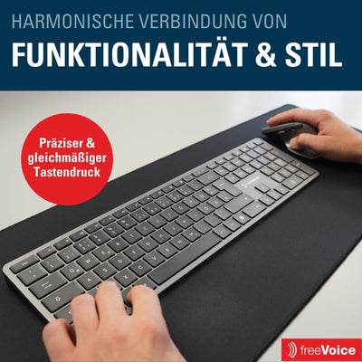 freeVoice Tastatur Set inkl. Maus I Kabellose & wiederaufladbare Tastatur für Laptop & Computer I Leise Computer-Tastatur mit Easy-Switch Taste I Flaches Keyboard für Büro, Zuhause & Home-Office