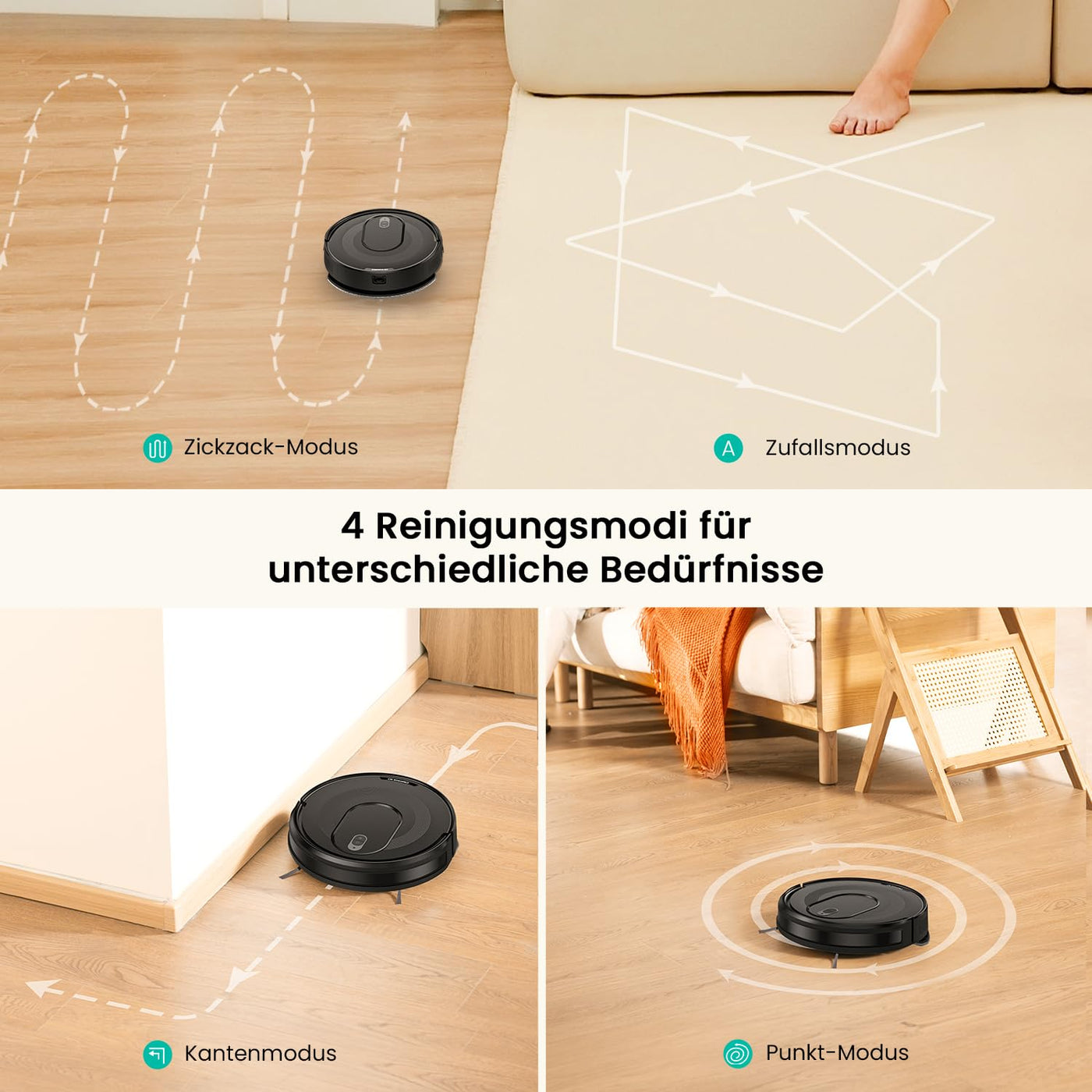 Vexilar W7 Saug und Wischroboter 3 in 1, 4000Pa Saugroboter mit Wischfunktion, Bürstenloses Düsendesign, 120Mins Max, Schlank und Geräuscharm Roboterstaubsauger ideal für Tierhaare, Hartböden, Teppich