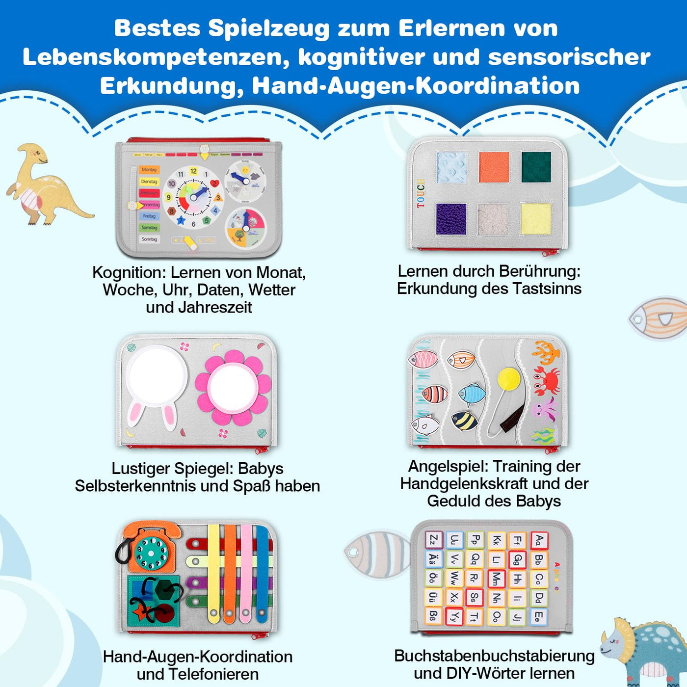 JHkim Montessori Busy Board Deutsch, Kinder Spielzeug ab 1 2 3 4 Jahre, Activity Board, Geschenke für Junge Mädchen, Kinder Sensorik Lernspielzeug, Motorikbrett für Reise Auto Flugzeug
