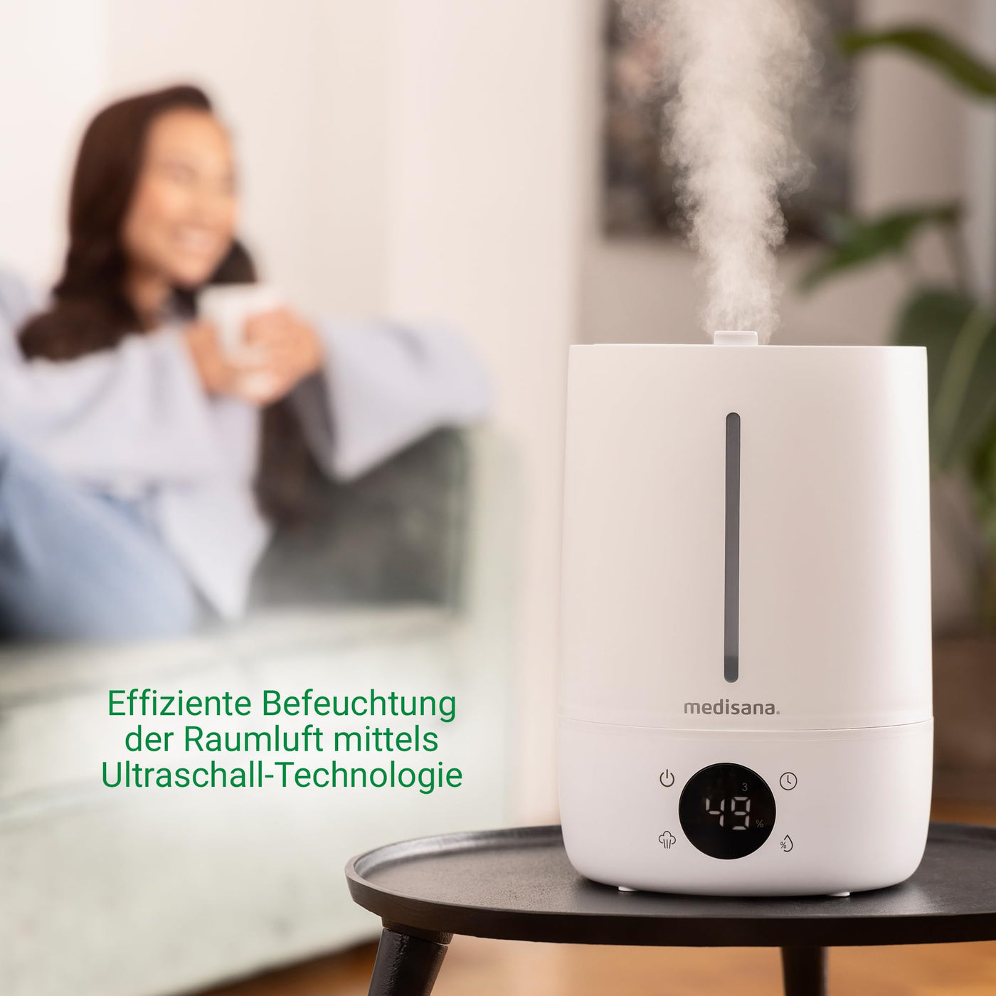 medisana AH 663 Luftbefeuchter mit Hygrometer und Ultraschall-Technologie, Lufterfrischer elektrisch mit LED-Anzeige, Timer und Schlafmodus, Diffuser für Büro, Schlafzimmer, Wohnzimmer, Kinderzimmer