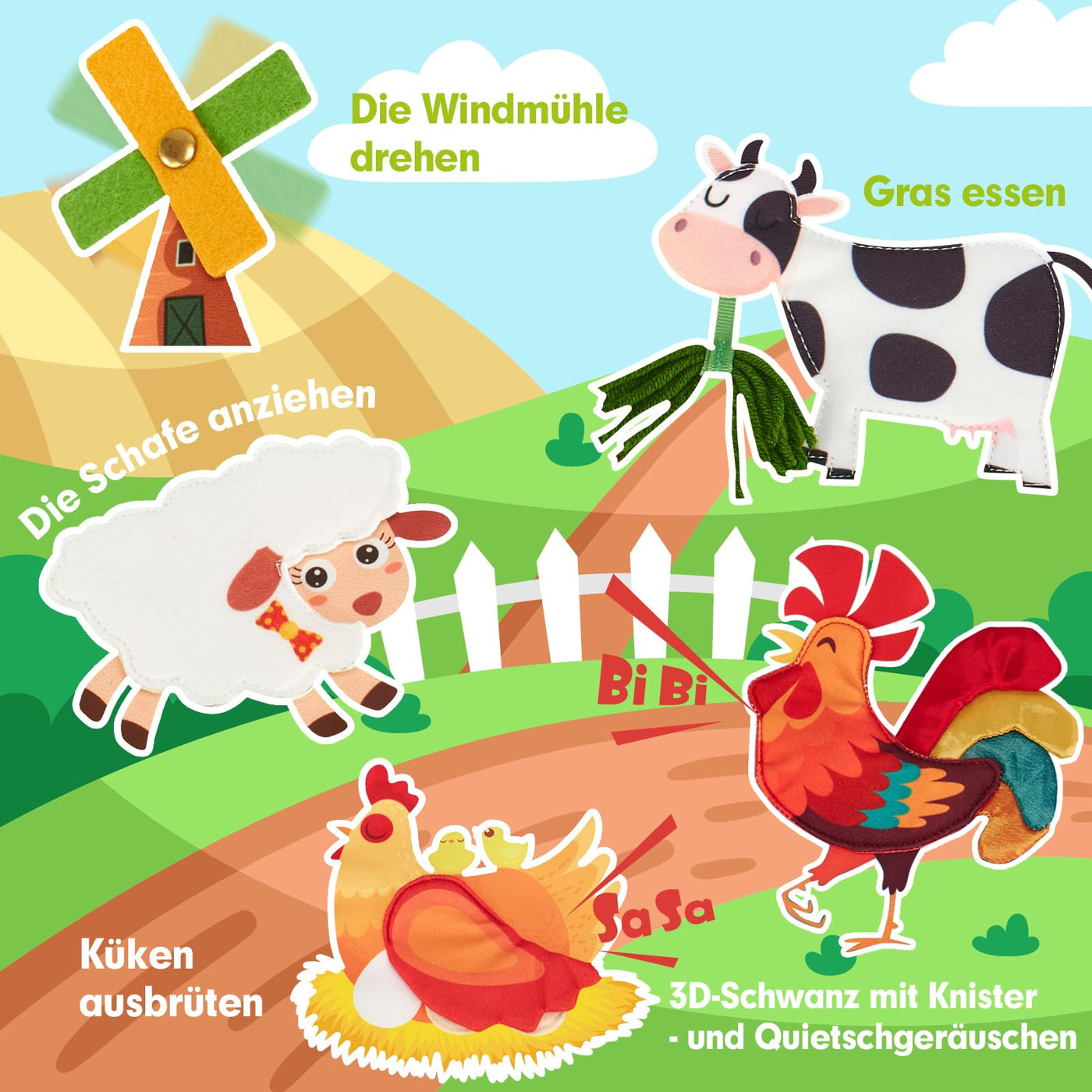 Hahaland Montessori Spielzeug ab 1 Jahr – Quiet Book mit Bauernhof Thema, 20-in-1 Busy Board Weichem Filz für Frühe Bildung,Busy Book für Autofahrten, Geschenk Spielzeug ab 1 2 3 4 Jahre Mädchen Junge