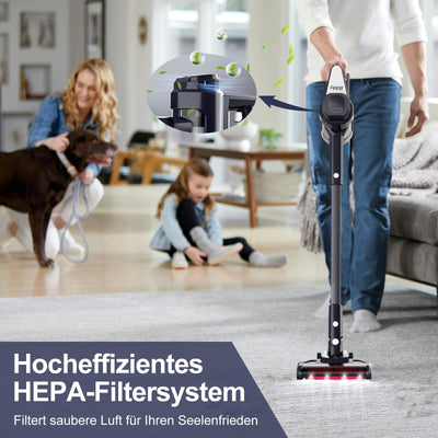 Hihhy Akku Staubsauger, 30000Pa Staubsauger Kabellos, Akkusauger Kabelloser Staubsauger Bis zu 45Mins Laufzeit, Stielstaubsauger mit Wandhalterung & Led-Licht für Haar, Teppich und Hartböden(Schwarz)