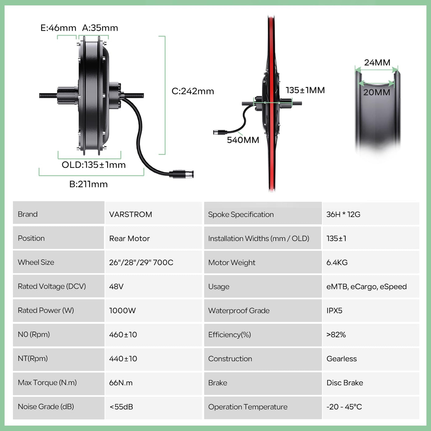 Varstrom 48V1000W E-Bike Umbausatz Hinterradmotor 27,5 Zoll mit EKD01 Mehrsprachig Display für Hinterrad Brushless Gearless Nabenmotor, Integrierte Controller, PAS Sensor