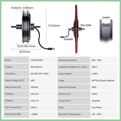 Varstrom 48V1000W E-Bike Umbausatz Hinterradmotor 27,5 Zoll mit EKD01 Mehrsprachig Display für Hinterrad Brushless Gearless Nabenmotor, Integrierte Controller, PAS Sensor