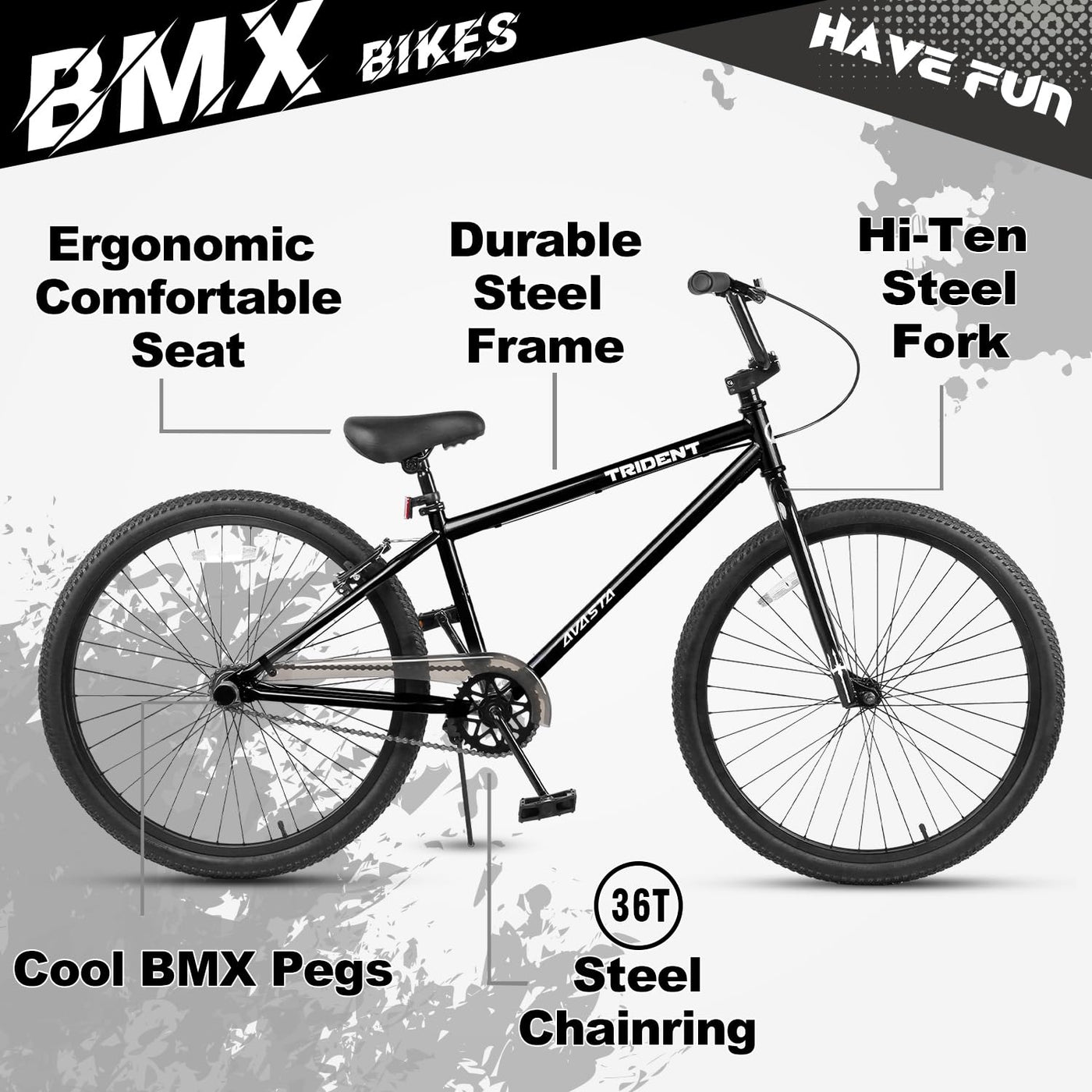 AVASTA 24 Zoll BMX Fahrräder Freestyle für Anfänger und Fortgeschrittene mit 2 Pegs Trick Cycling und Professional Riding,Schwarz