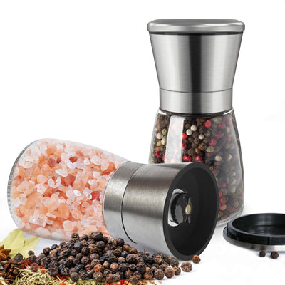 KitchenBoss Salz und Pfeffermühle 2er Set：Gewürzmühle Einstellbar Salzmühle für Grobes Salz, Salt and Pepper Grinder mit Keramikmahlkern, für Salz, Pfeffer, Chilli (Unbefüllt)