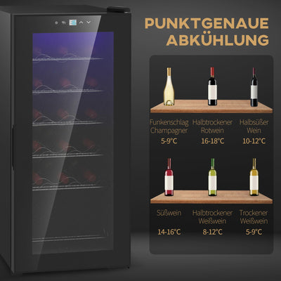 HOMCOM Weinkühlschrank Kompressor für 18 Flaschen, 50 L Getränkekühlschrank mit Glastür, 5-18°, Weinschrank mit Touchschlater, LED-Anzeige, Schwarz
