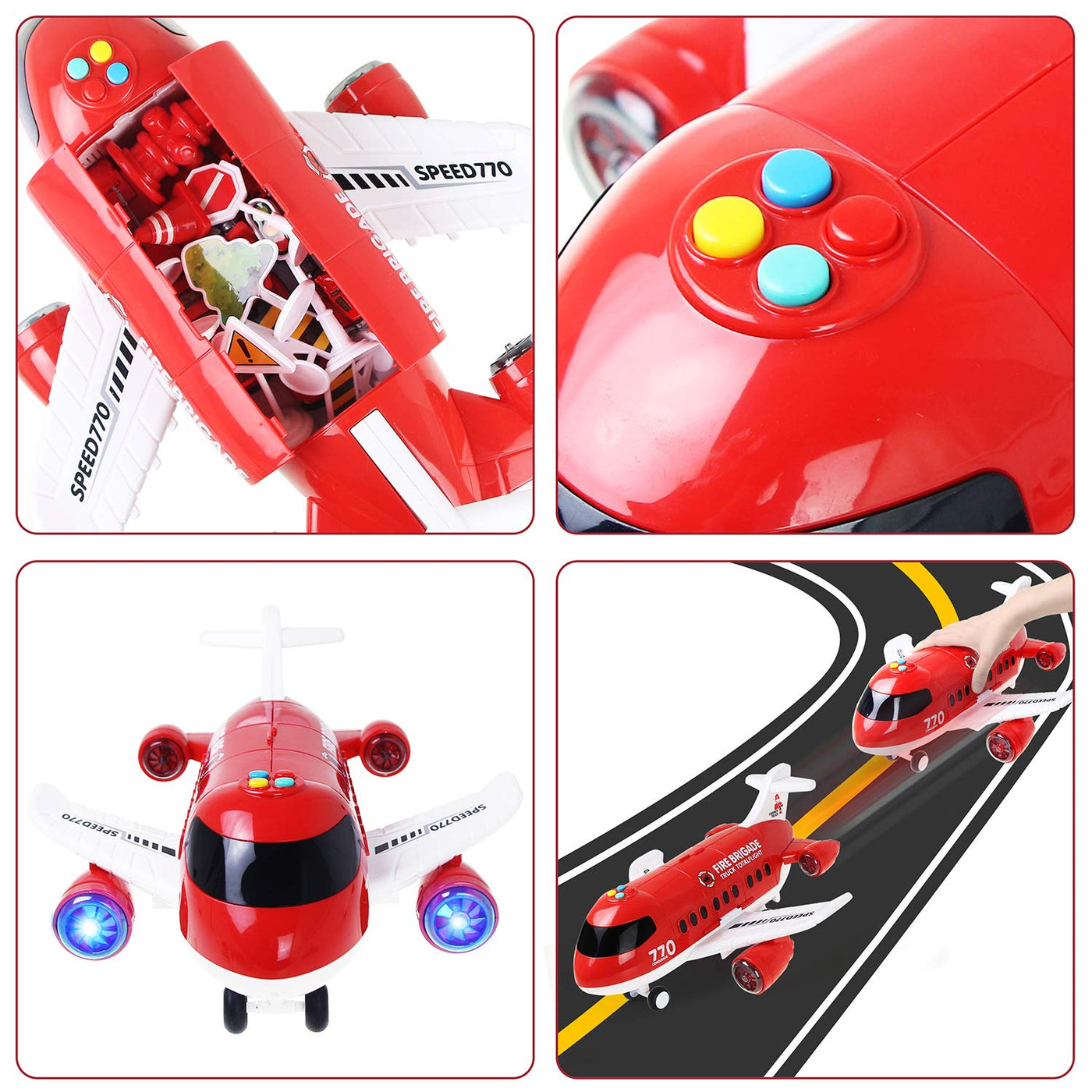 Coolplay Flugzeug Spielzeug Auto Set, 1 Groß Flugzeug 6 Feuerwehrauto mit Verkehrsschilder Spielzeug für ab 3-6 Jahre Junge Kinder
