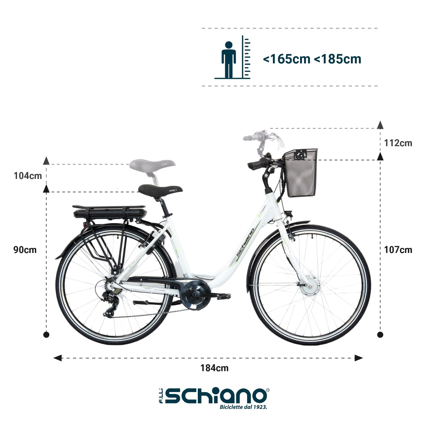 F.lli Schiano E-Moon, E Bike für die Stadt 28 Zoll, 36V 13Ah Abnehmbarer Akku, Motor 250W 40Nm, City Ebike für Herren/Damen, Weiss, Korb