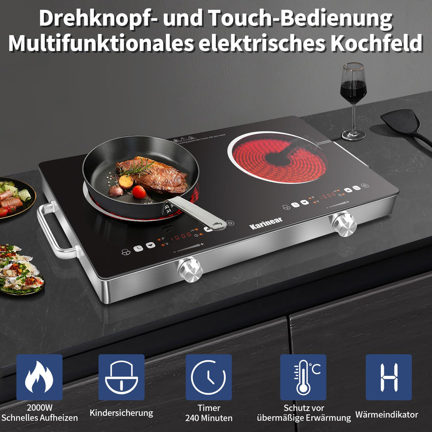 Karinear Keramikkochfeld 2 Platten Tragbar mit Griff, 650 °C Max, Glaskeramik Kochplatte 2er Freistehend, Herdplatte 2 Kochfelder mit Stecker, Timer, Kindersicherung, Restwärmeanzeige, 220-240V, 3200W