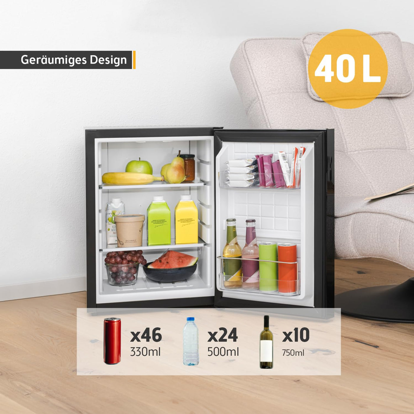 TZS First Austria lautloser Minikühlschrank | Getränkekühlschrank | Minibar | Wechselbarer Türanschlag | LED-Licht | ohne Gefrierfach | Glasdesign | 40L
