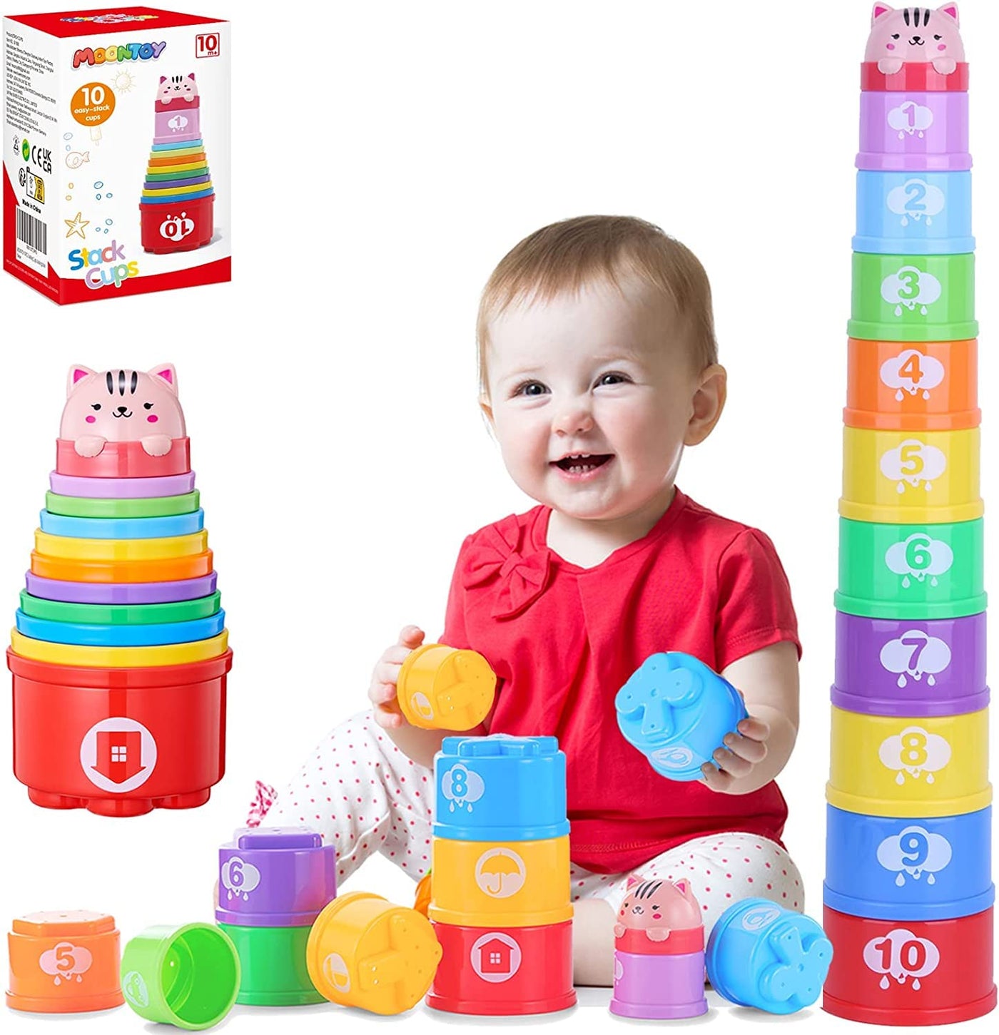 MOONTOY Stapelbecher Baby Spielzeug ab 1 Jahr, 11PCS Stapelturm Baby,Stapelwürfel ab 6 9 12 Monate,Badewannen Sandspielzeug 1-6 Jahr für drinnen, draußen, kinderspielzeug Geschenk