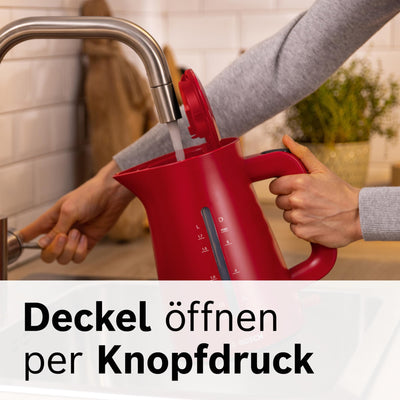 Bosch kabelloser Wasserkocher MyMoment TWK3M124, Abschaltautomatik, Überhitzungsschutz, Tassenanzeige, beidseitige Wasserstandsanzeige, entnehmbarer Kalkfilter, 1,7 L, 2400 W, Rot matt