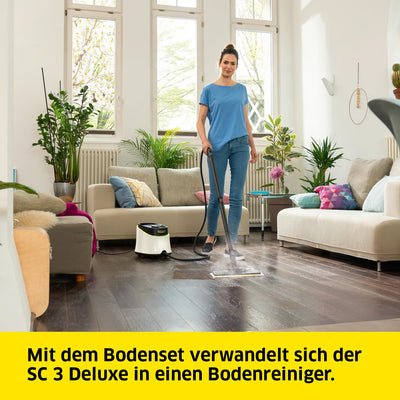 Kärcher Dampfreiniger SC 3 Deluxe, Dampfdruck: 3,5 bar, Aufheizzeit: 30 s, Leistung: 1.900 W, Flächenleistung: 75 m², Tank: 1 l, mit Bodenreinigungsset, Mikrofaser-Bezug, mit Dampfglätter