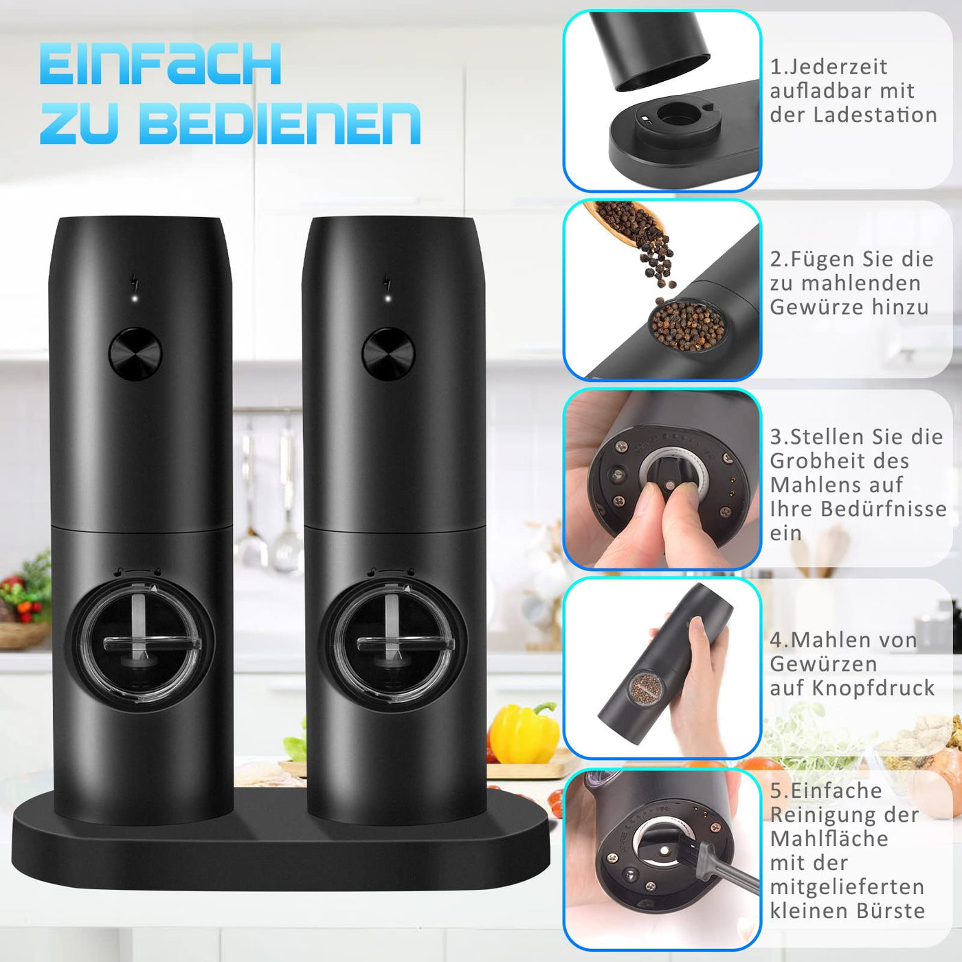 MILFECH Salz und Pfeffermühlen Elektrische 2er Set mit Wiederaufladbarer Basis, Einstellbarer Grobheit Gewürzmühle, Automatisches Mahlen, LED-Licht mit Reinigungsbürste für BBQ Restaurant Küche