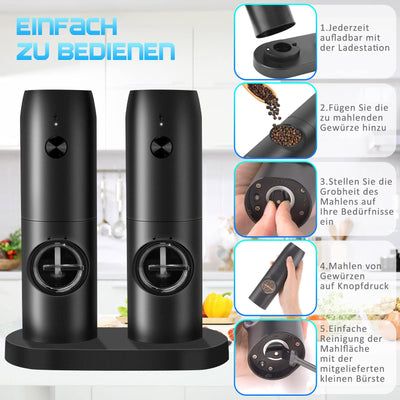 MILFECH Salz und Pfeffermühlen Elektrische 2er Set mit Wiederaufladbarer Basis, Einstellbarer Grobheit Gewürzmühle, Automatisches Mahlen, LED-Licht mit Reinigungsbürste für BBQ Restaurant Küche
