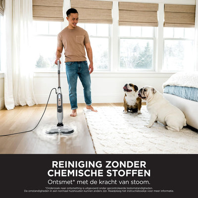 Shark Dampfreiniger, automatischer Dampfbesen mit Steam Blaster, 2 rotierende Power Pads, 3 Dampfstufen, desinfiziert, entfernt Flecken und Schmutz, für versiegelte Hartböden, weiß und grau S8201EU