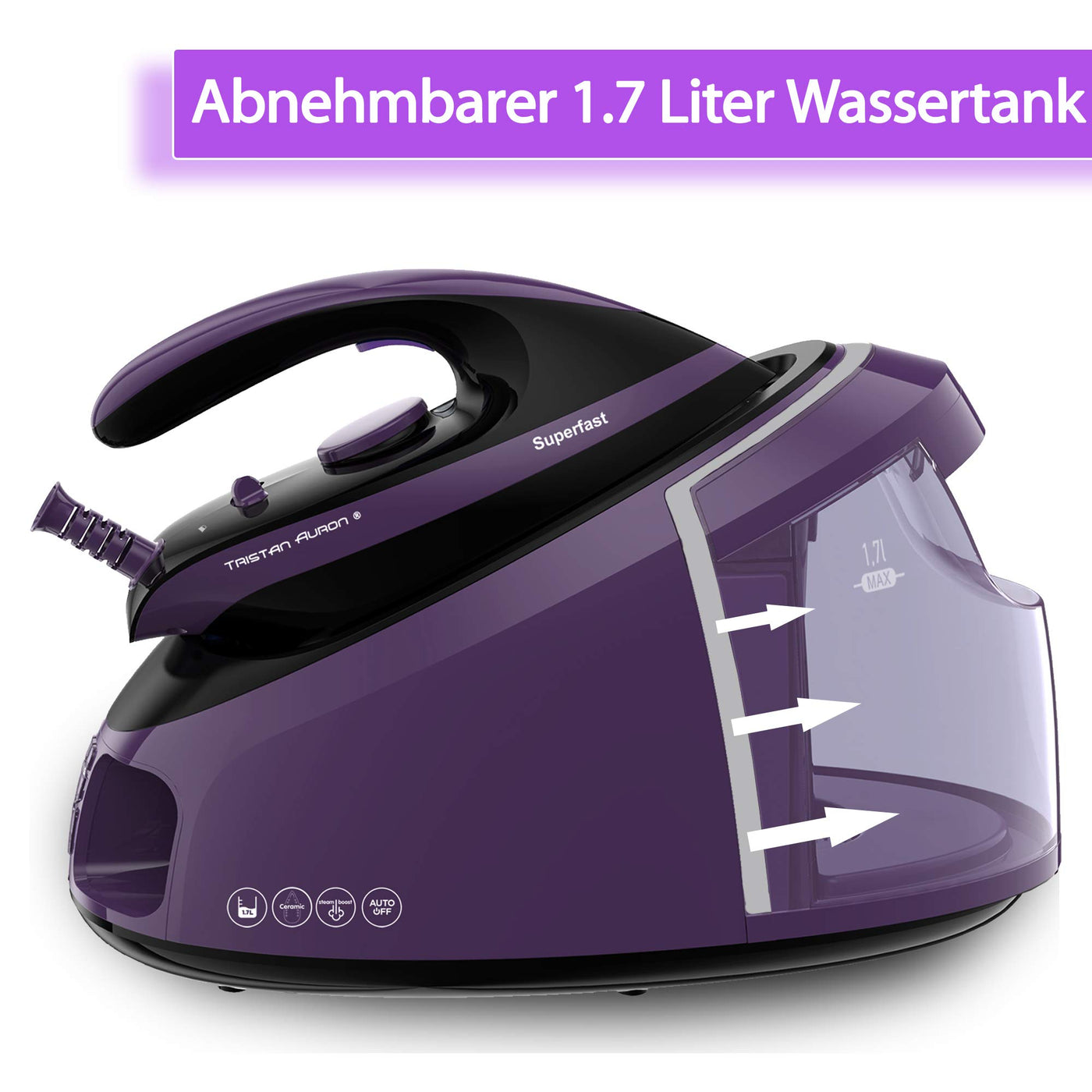 Tristan Auron Superfast Dampfbügelstation - 6.5 bar Dampfdruck I 2800 W, variabler Dampf, 420g/Min. Dampfstoß I 1,7L Wassertank – Abschaltautomatik (Superfast - Lila)