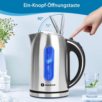 Aigostar King - Wasserkocher Edelstahl 1,7 liter, Elektrischer Wasserkocher mit Kalkfilter, LED Beleuchtung Wasserstandsanzeige, 2200 Watt, Verdecktes Heizelement, Abschaltautomatik, BPA frei