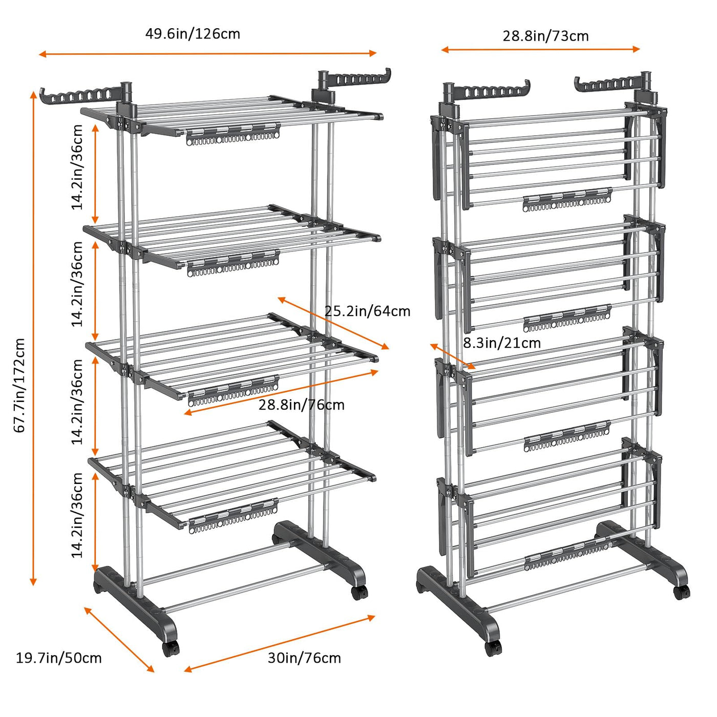 johgee 5 Ebenen Wäscheständer Wäschetrockner Turm mit Rollen, Höhenverstellbar klappbarer Waschestander mit 8 Klappbare Flügel und 4 Sockenklammern, Edelstahl Standtrockner Wäscheturm für Innen&Außen