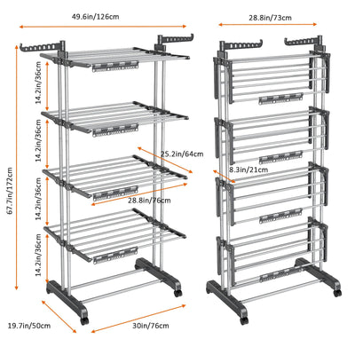 johgee 5 Ebenen Wäscheständer Wäschetrockner Turm mit Rollen, Höhenverstellbar klappbarer Waschestander mit 8 Klappbare Flügel und 4 Sockenklammern, Edelstahl Standtrockner Wäscheturm für Innen&Außen