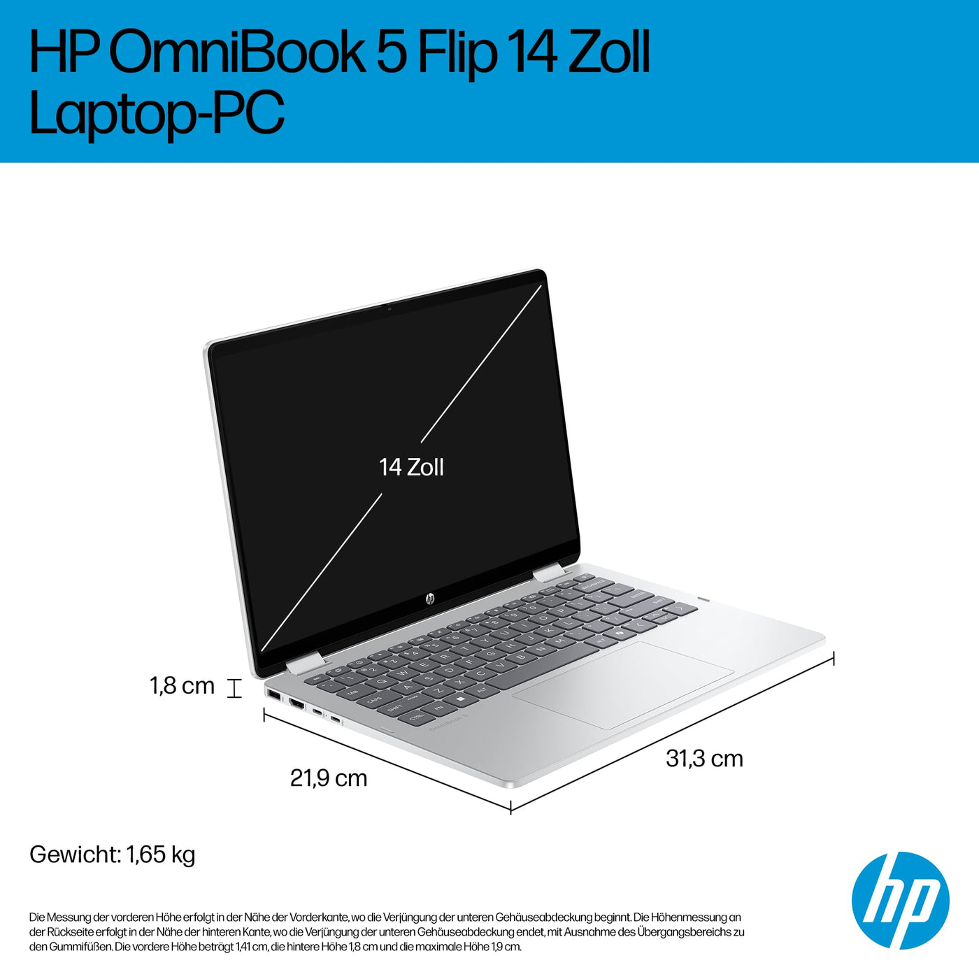 HP OmniBook 5 Flip 14-fp0254ng 2 in 1 Convertible Laptop, 14 Zoll 2K-Touchscreen (1920 x 1200), Intel Core i5-1334U, 16 GB RAM, 512 GB SSD, QWERTZ, Windows 11 Home, Silber